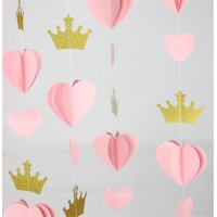 Meilun Art Crafts 3D Pink Heart With Crown Paper Garlands Banner for Weddings Decoration