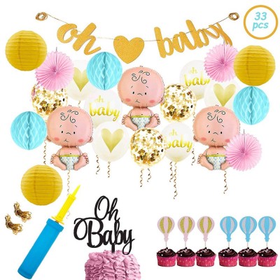 Meilun Baby Shower Party Decorations Kit Honeycomb Balls Paper Fans Cake Topper Balloons Set Oh Baby Banner Decoration